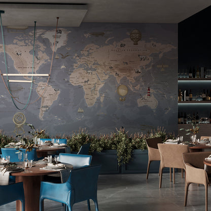 Vintage World Map Animals Wallpaper in dining room