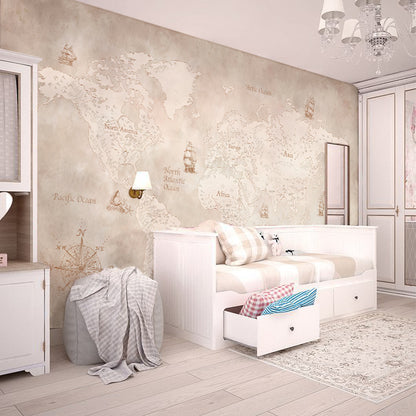 Vintage World Map Nautical Wallpaper in bedroom