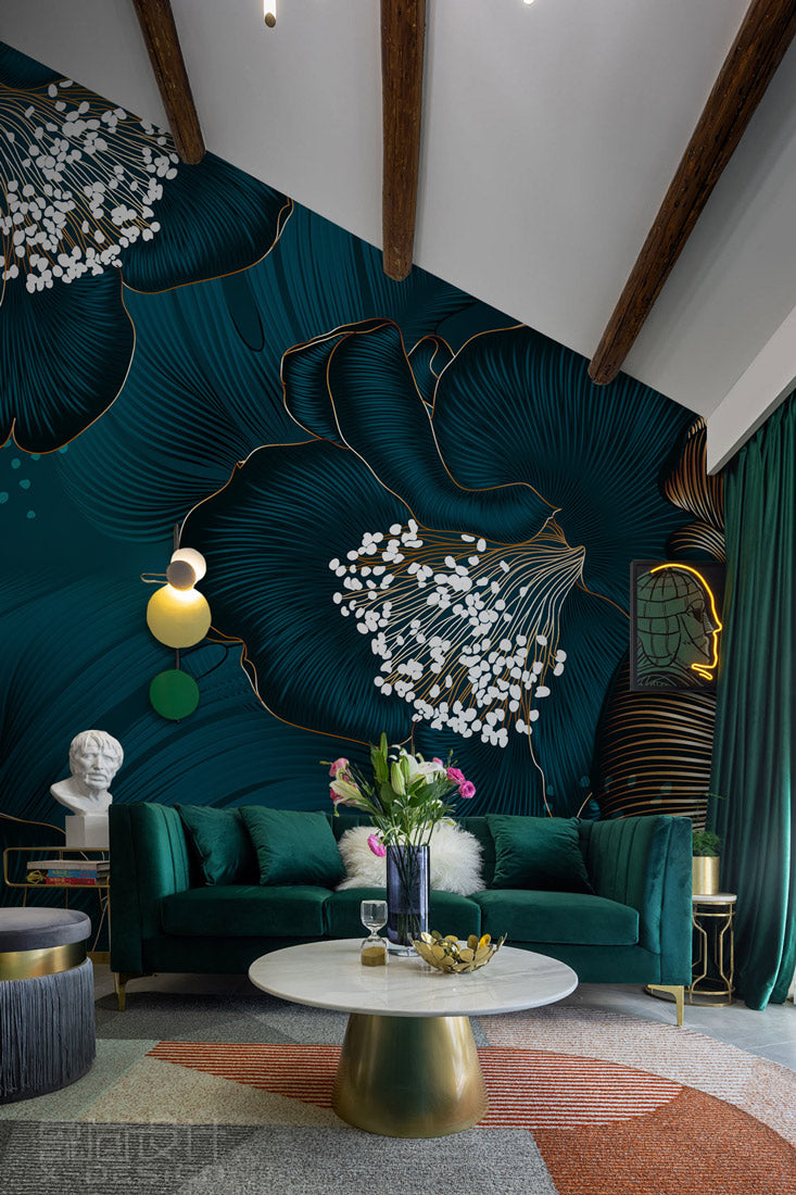 Teal Blossom Luxury Mural Wallpaper