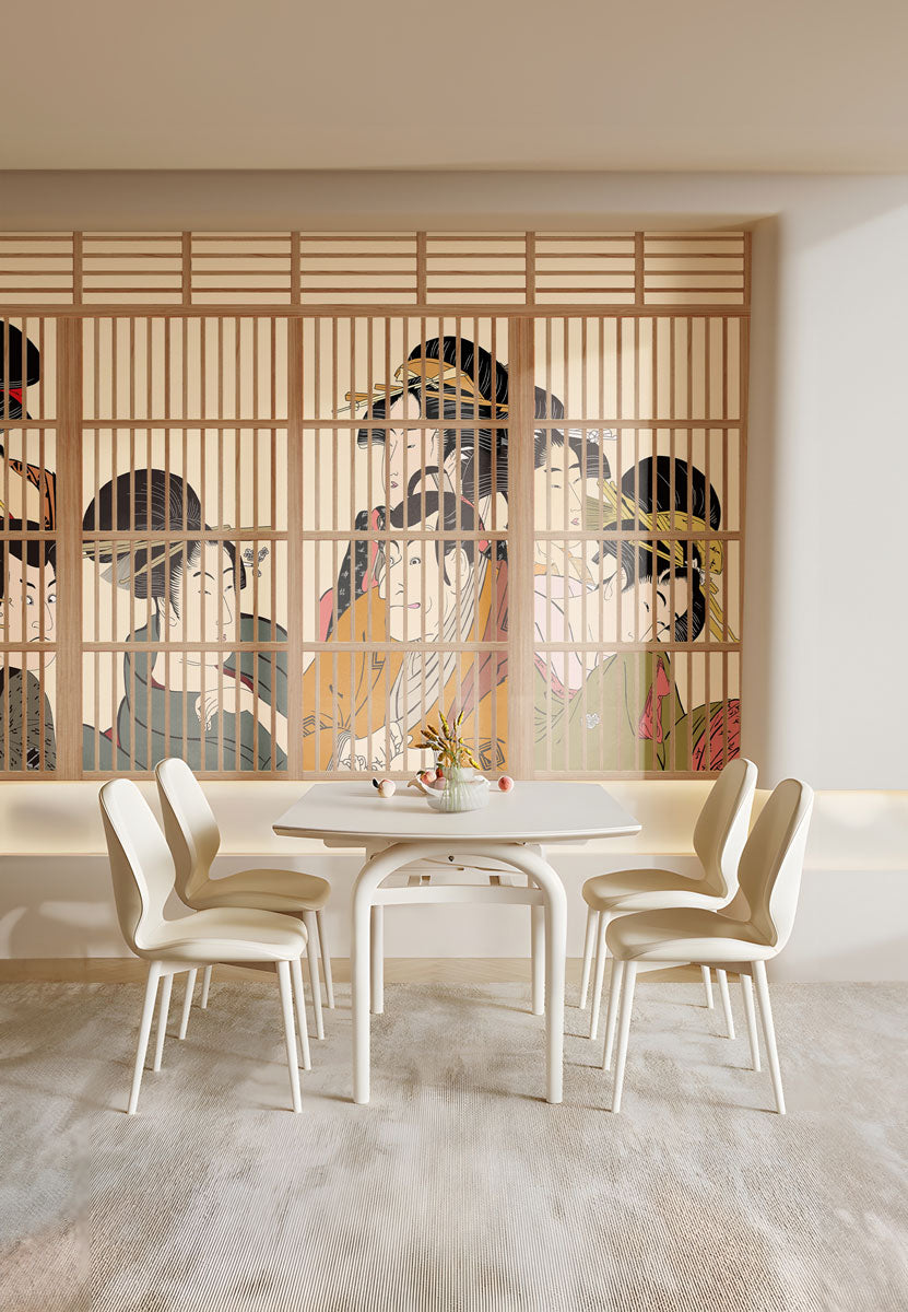 Geisha Behind Screens Mural Wallpaper in dining room