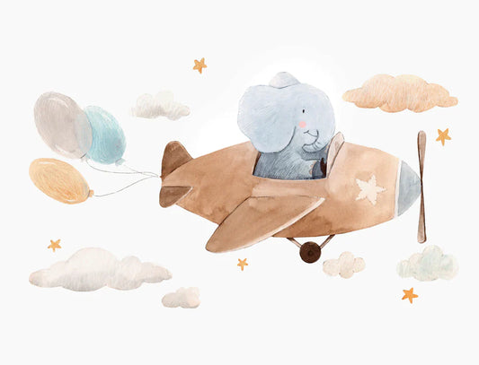 Whimsical Elephant Aircraft Kids Mural Wallpaper