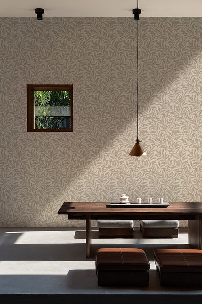 Ivory Leaf Whispers Mural Wallpaper in dining room