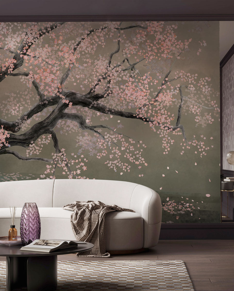 Blossoming Cherry Tree Mural Wallpaper in living room