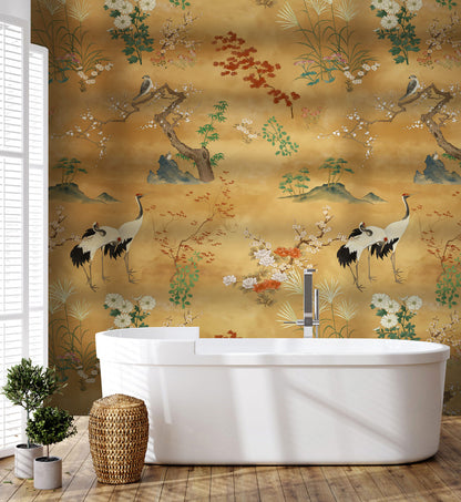 Golden Meadow Cranes Mural Wallpaper in bathroom