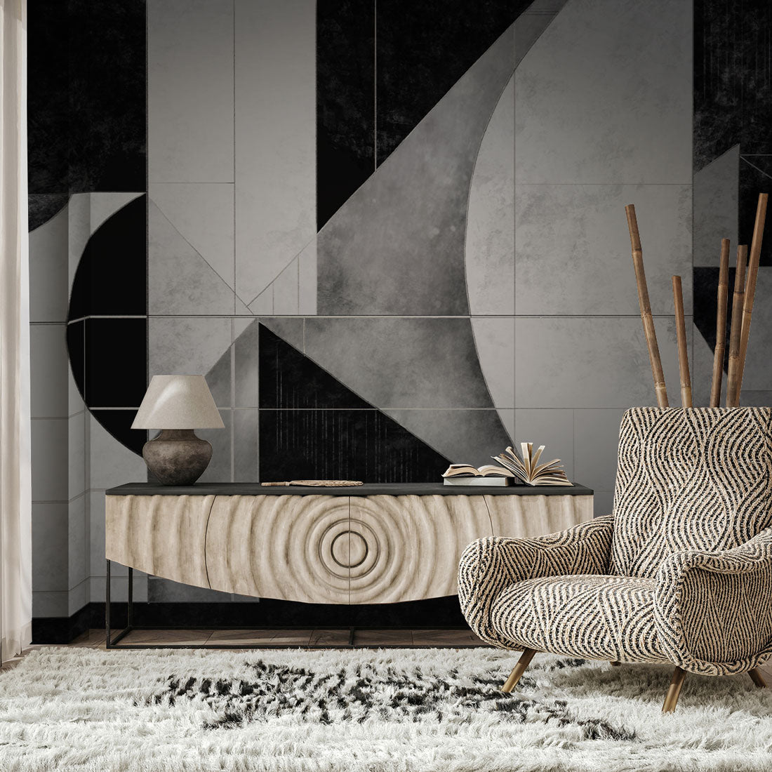 Monochrome Geometric Fragment Mural Wallpaper