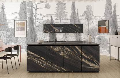 Monochrome Scenic Botanical Forest Wallpaper in kitchen