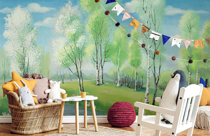 Serene Birch Tree Forest Mural Wallpaper in playroom