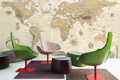 Beige World Map Vintage Wallpaper in office