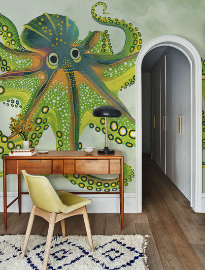 Green Octopus Mural Wallpaper