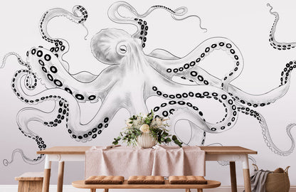Nautical Black White Octopus Wallpaper in dining room