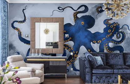 Underwater Octopus Navy Blue Wallpaper in living room