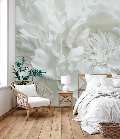 White Floral Elegance Mural Wallpaper in bedroom