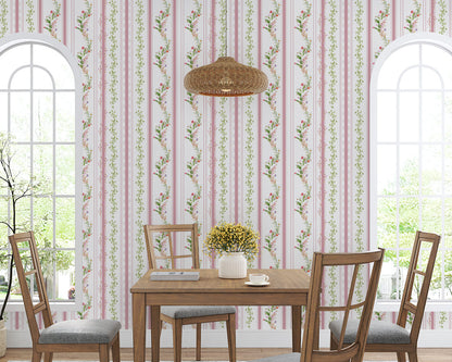 Elegant Floral Stripe Mural Wallpaper in dining room