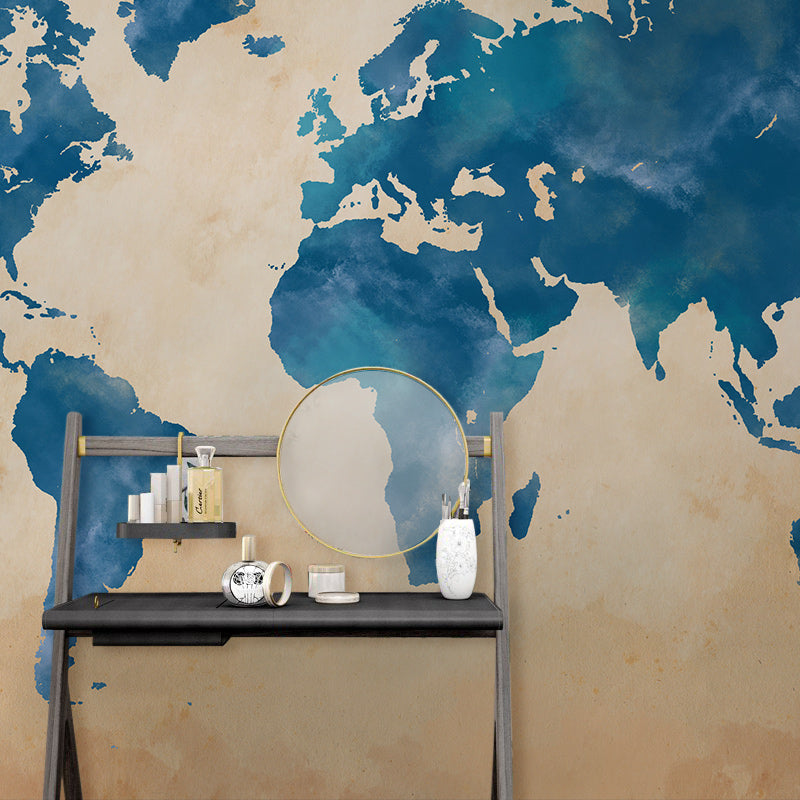 Vintage Blue Watercolor World Map Mural Wallpaper in bathroom