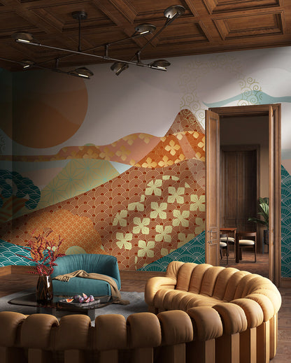 Sunlit Mountains & Waves Mural Wallpaper in living room