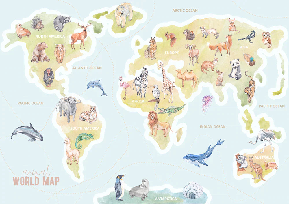 Animal World Map Nursery Mural Wallpaper