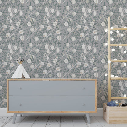 Silver Blossom Garden Mural Wallpaper in children's room