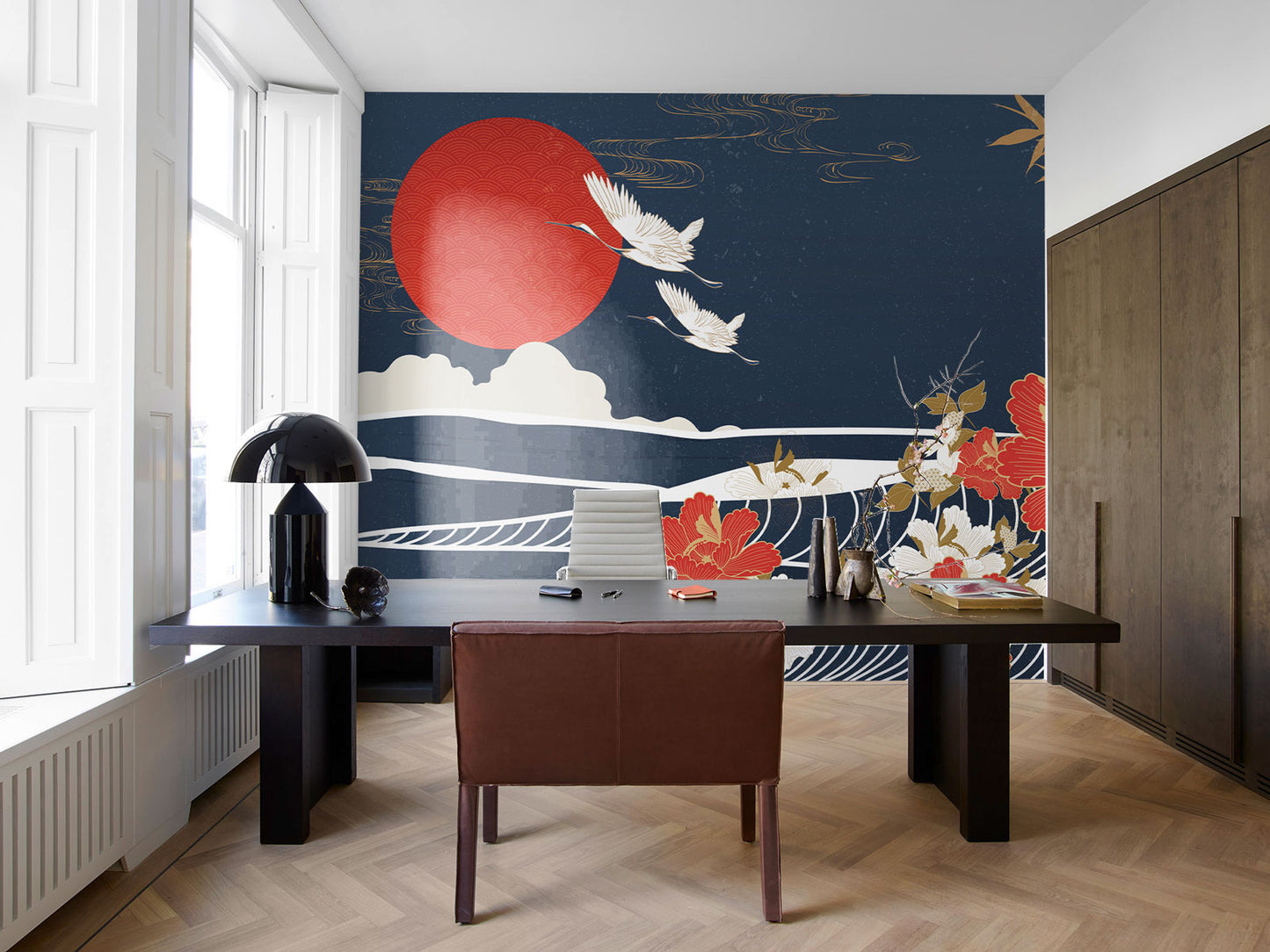 Crimson Sun and Flight Mural Wallpaper in office