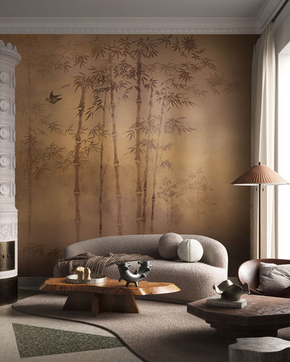 Golden Bamboo Forest Mural Wallpaper in living room