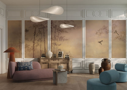 Golden Bamboo Forest Mural Wallpaper in living room
