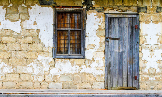 Wallpaper mural depicting old windows and doors