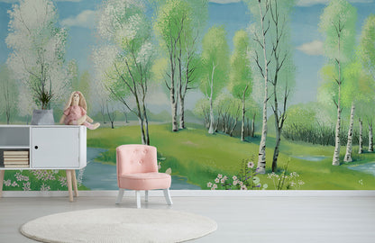 Serene Birch Tree Forest Mural Wallpaper in child's room