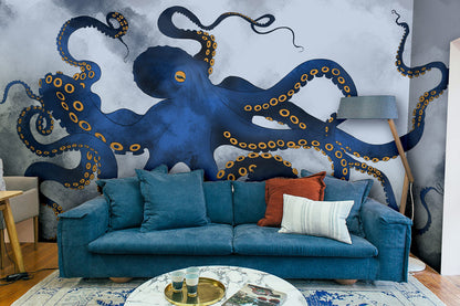 Underwater Octopus Navy Blue Wallpaper in living room