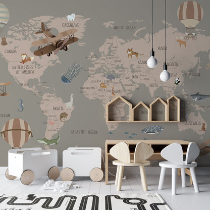 Vintage World Map Adventure Mural Wallpaper in playroom