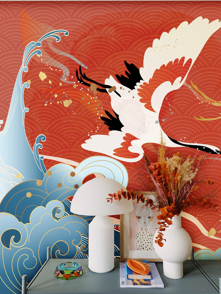 Crane Dance Amidst Ocean Waves Mural Wallpaper in living room