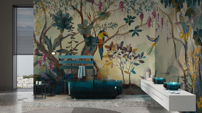 Tropical Jungle Birds Mural Wallpaper in bathroom