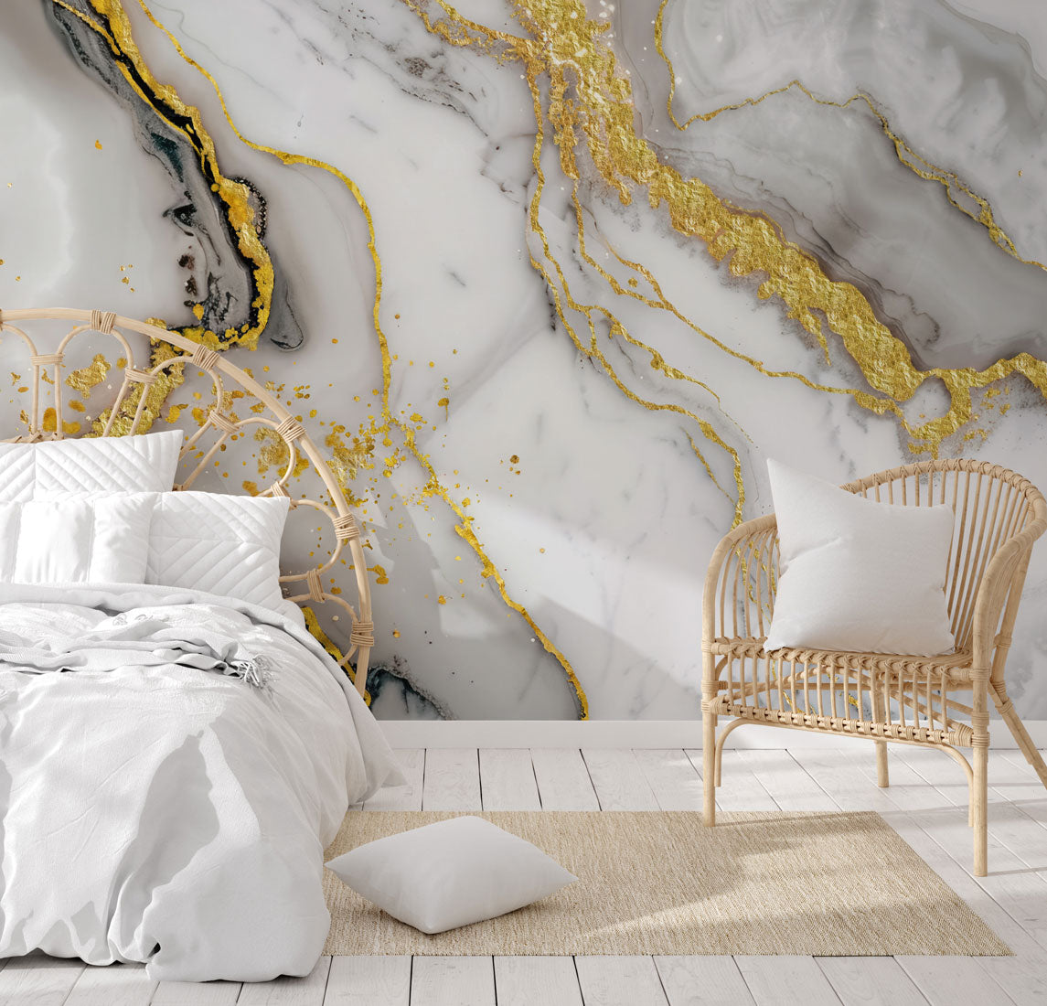 Golden Veined Marble Mural Wallpaper in bedroom