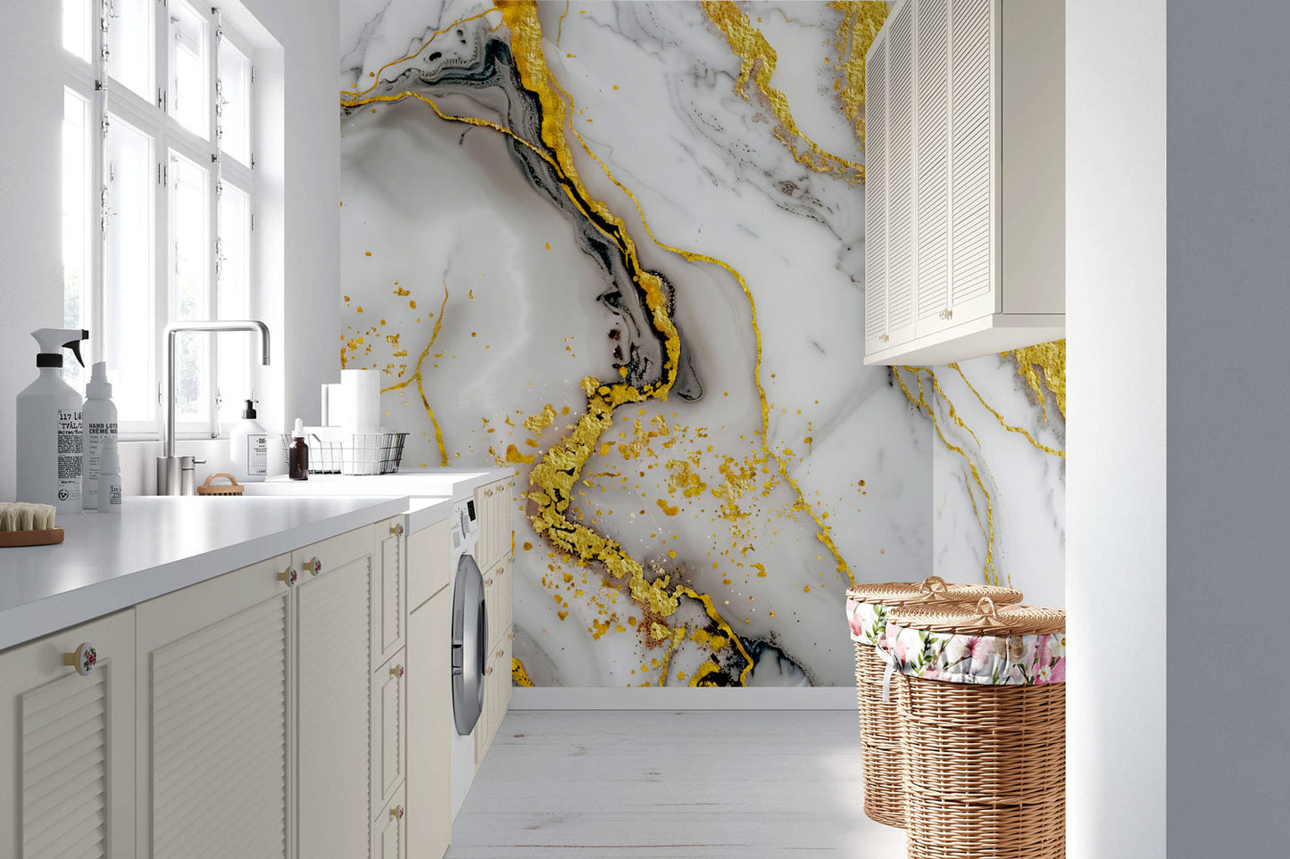 Golden Veined Marble Mural Wallpaper in laundry room