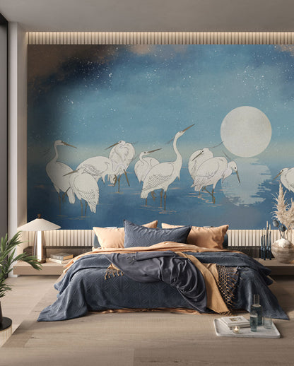 Starlit Egrets & Moon Mural Wallpaper in bedroom