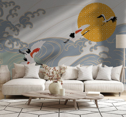 Golden Sun and Waves Mural Wallpaper in living room