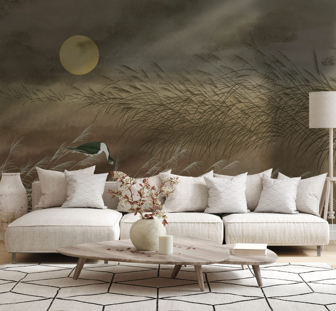 Tranquil Moonlit Marsh Mural Wallpaper in living room