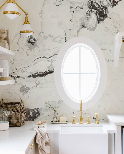 Ivory Cascade Marble Mural Wallpaper in bathroom