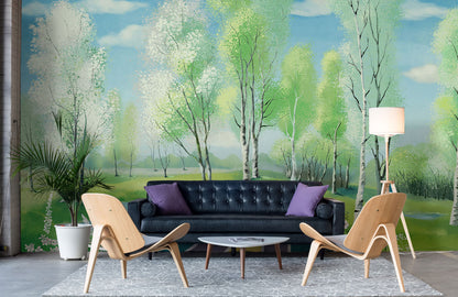 Serene Birch Tree Forest Mural Wallpaper in living room
