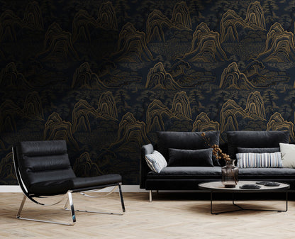 Midnight Golden Mountains Mural Wallpaper in living room