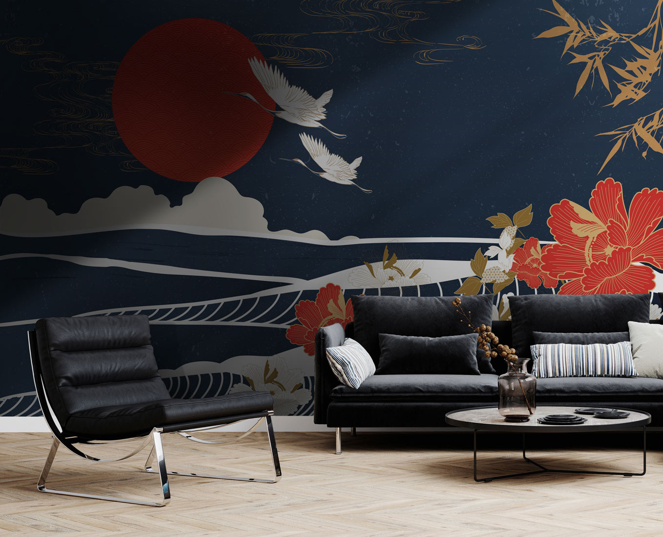 Crimson Sun and Flight Mural Wallpaper in living room