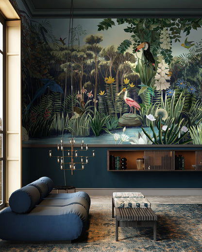 Lush Tropical Jungle Wildlife Wallpaper in living room