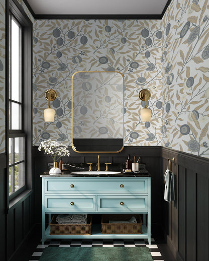 Golden Pomegranate Grove Mural Wallpaper in bathroom