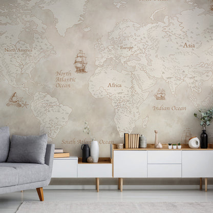 Vintage World Map Nautical Wallpaper in living room