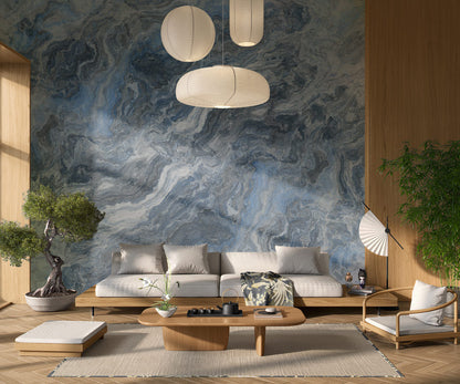 Blue Horizon Marble Mural Wallpaper in living room