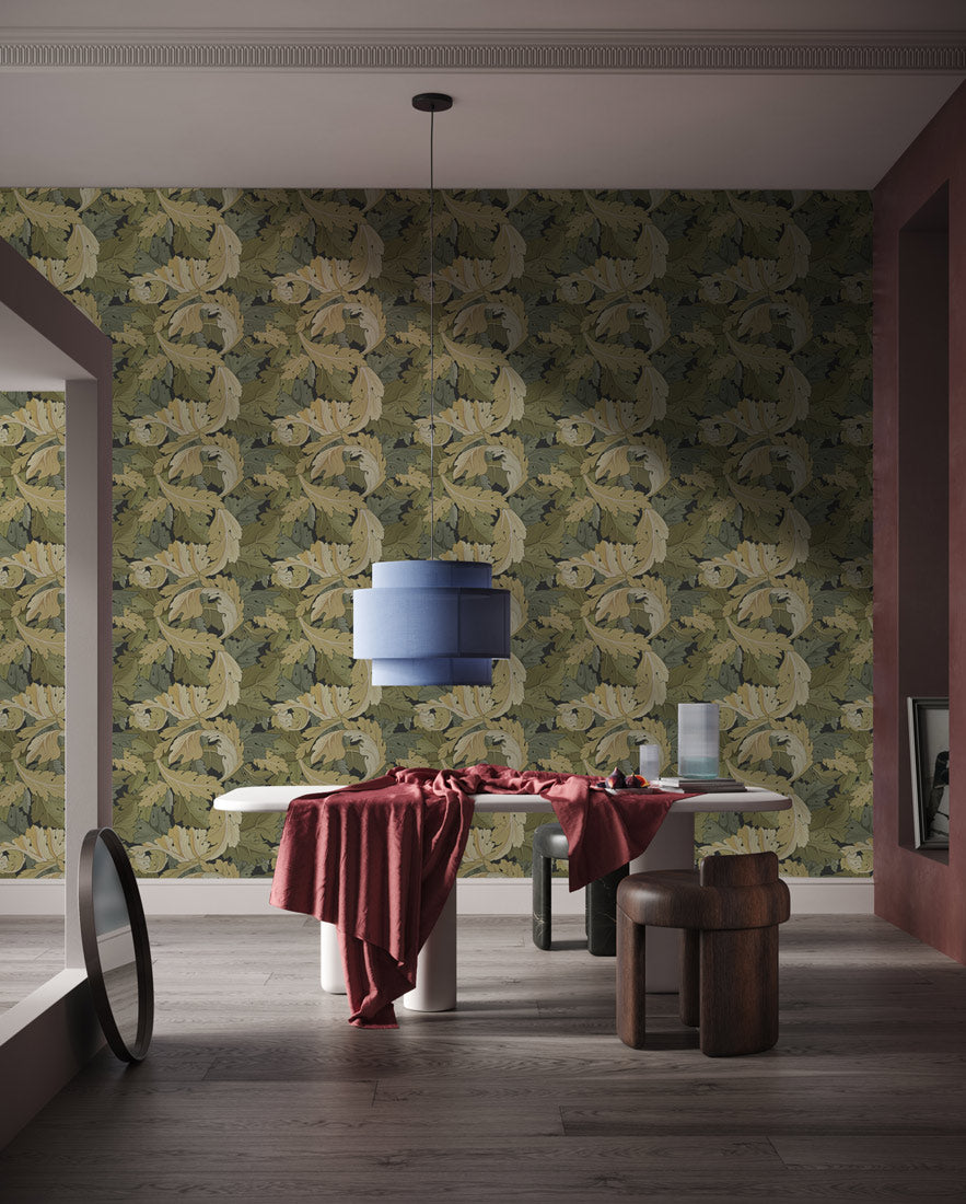 Golden Leaf Harmony Mural Wallpaper in dining room