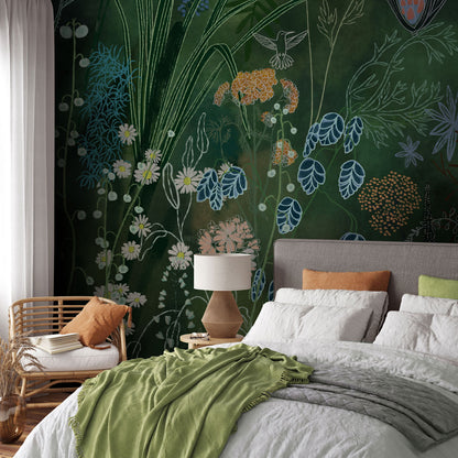 Lush Garden Whimsy Mural Wallpaper in bedroom