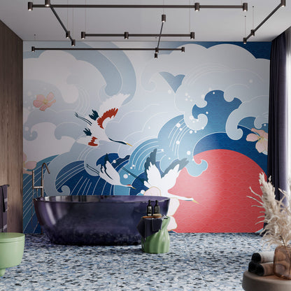 Cherry Blossoms and Ocean Waves Mural Wallpaper in bathroom