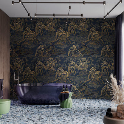 Midnight Golden Mountains Mural Wallpaper in bathroom