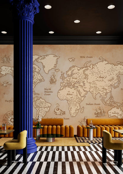 Vintage World Map Nautical Wallpaper in lounge