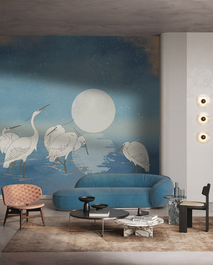 Starlit Egrets & Moon Mural Wallpaper in living room