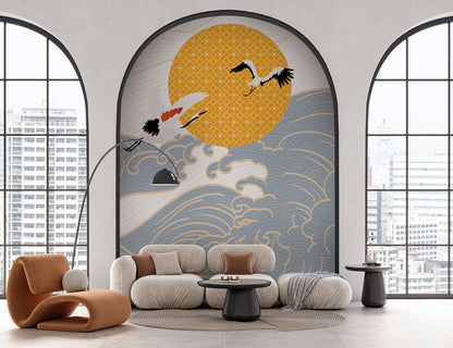Golden Sun and Waves Mural Wallpaper in living room